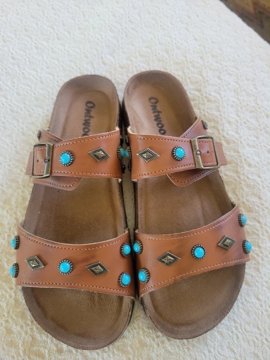 Outwoods Shoes - Outwoods BORK 105 Brown Slide Sandals with Turquoise Studs